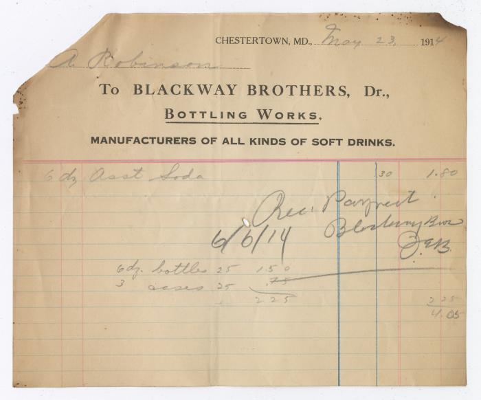 Blackway Brothers Bottling receipt, 1914 May 23