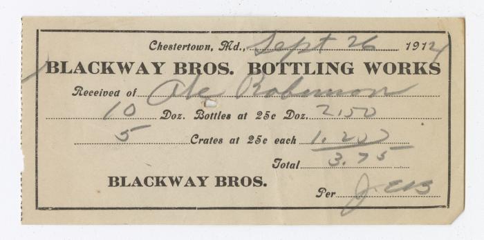 Blackway Brothers Bottling receipt, 1914 September 26