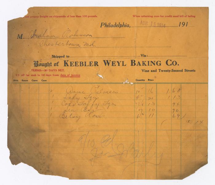 Keebler Weyl Baking Co. receipt, 1914 August 15