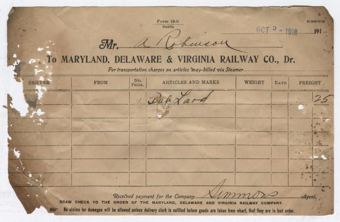 Abraham Robinson shipping bill, 1918 October