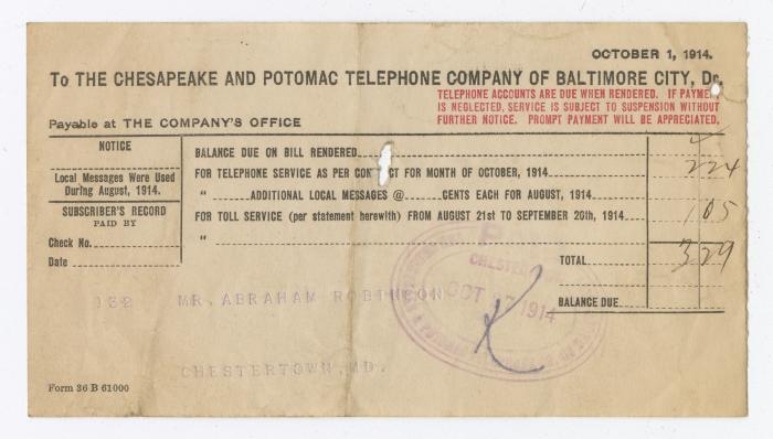 Chesapeake and Potomac Telephone Co. receipt, 1914 October 1