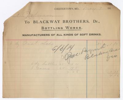 Blackway Brothers Bottling receipt, 1914 May 7
