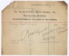 Blackway Brothers Bottling receipt, 1914 May 30