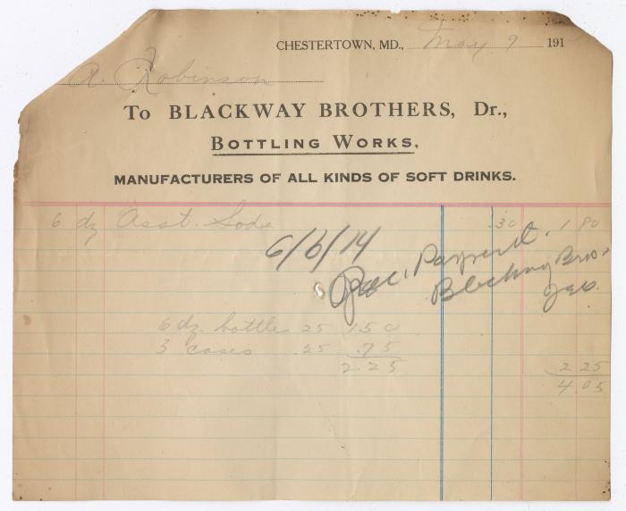 Blackway Brothers Bottling receipt, 1914 May 7