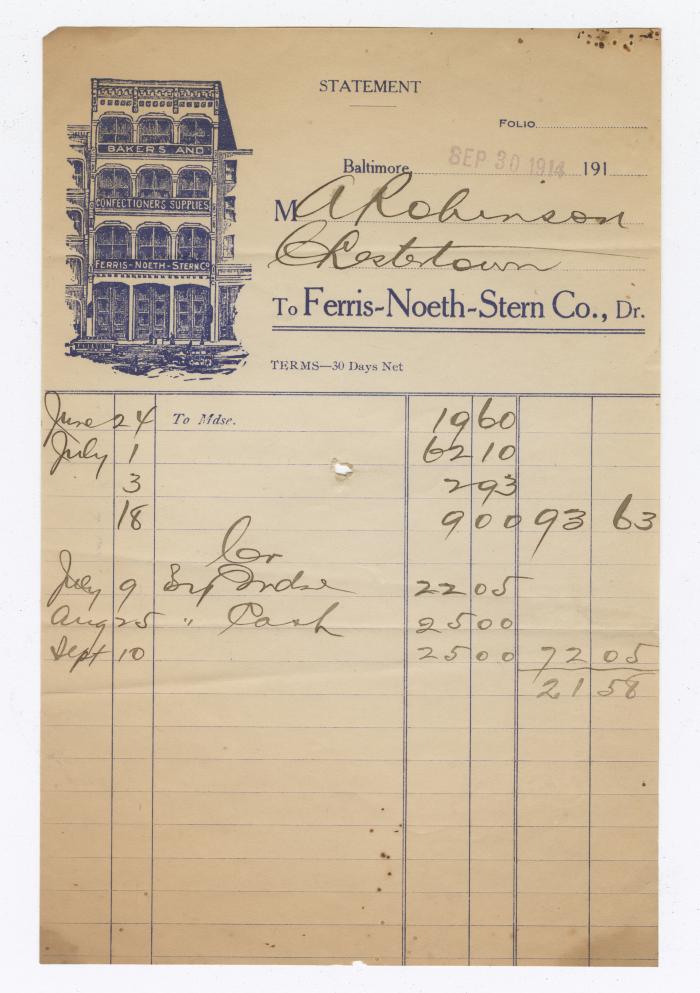 Ferris-Noeth-Stern Baking Company bill, 1914 September 30