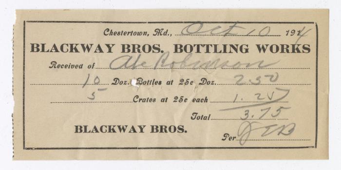 Blackway Brothers Bottling receipt, 1914 October 10