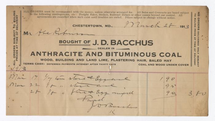 J. D. Bacchus coal statement, 1913 March 28 