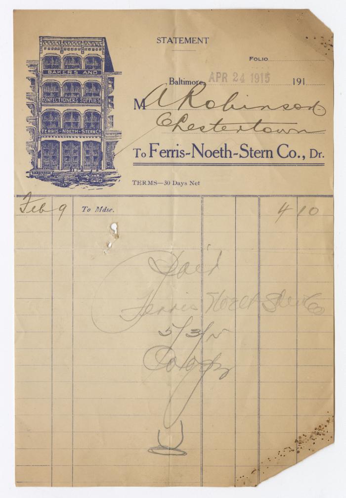 Ferris-Noeth-Stern Baking Company bill, 1915 April 24