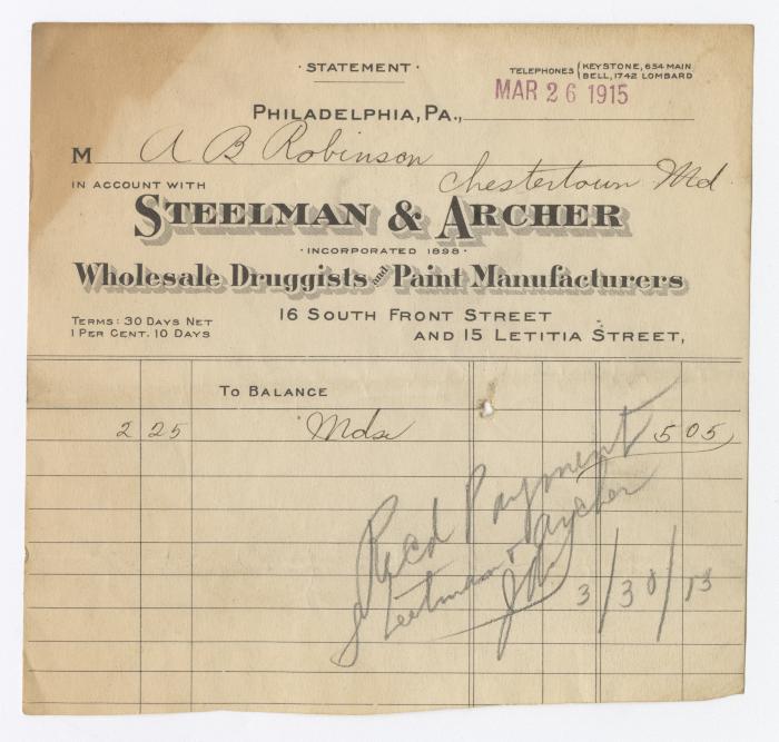 Steelman and Archer receipt, 1915 March 26
