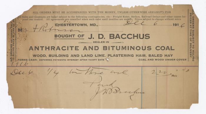 J. D. Bacchus coal statement, 1916 December 6