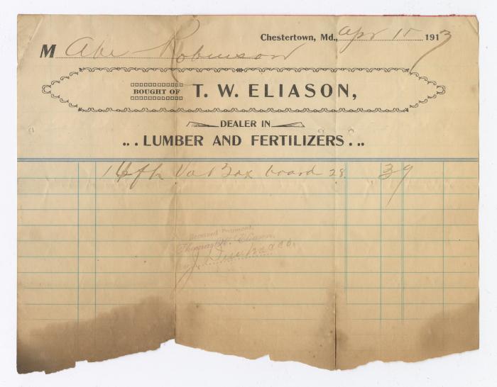 T. W. Eliason Lumber and Fertilizer bill, 1913 April 15