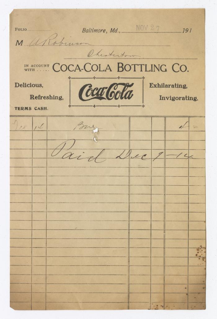 Coca Cola Bottling receipt, circa 1910 November 27