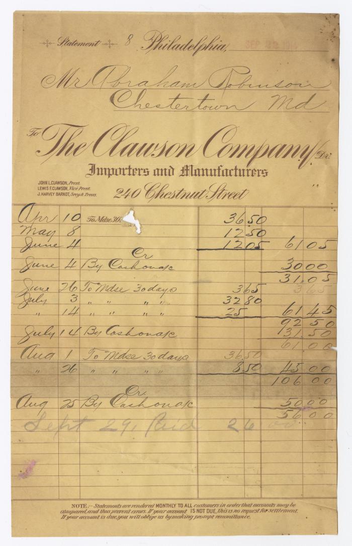 Clauson Company receipt, 1914 September 22