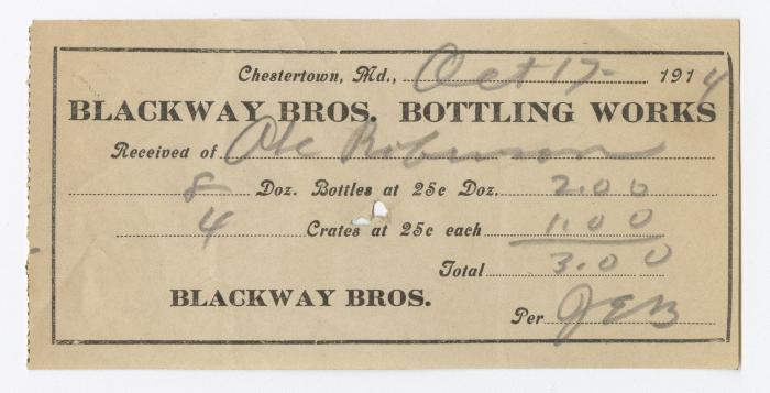 Blackway Brothers Bottling receipt, 1914 October 17