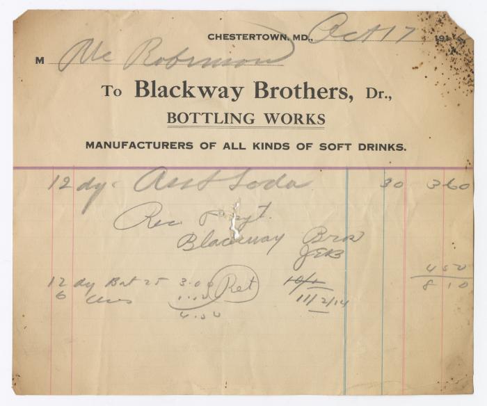 Blackway Brothers Bottling receipt, 1914 October 17