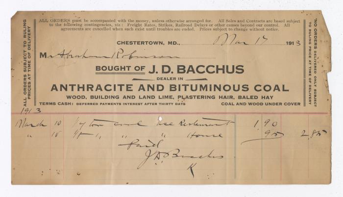J. D. Bacchus coal statement, 1913 March 17