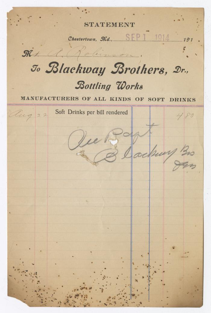 Blackway Brothers Bottling receipt, 1914 September 1