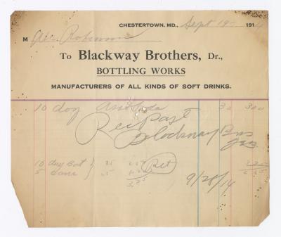 Blackway Brothers Bottling receipt, 1914 September 19