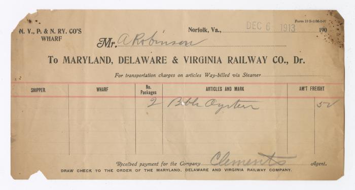 Abraham Robinson shipping bill, 1913 December 6