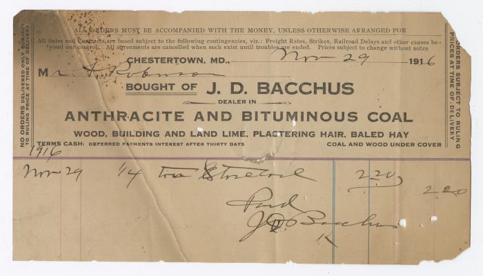 Bacchus coal statement, 1916 November 29