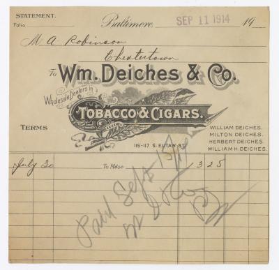 Wm. Deiches Tobacco receipt, 1914 September 11