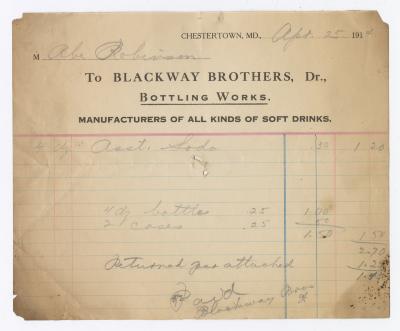 Blackway Brothers Bottling receipt, 1914 April 25