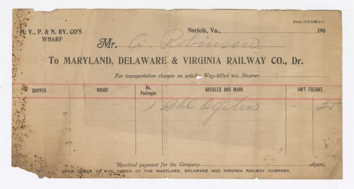 Abraham Robinson shipping bill, circa 1910