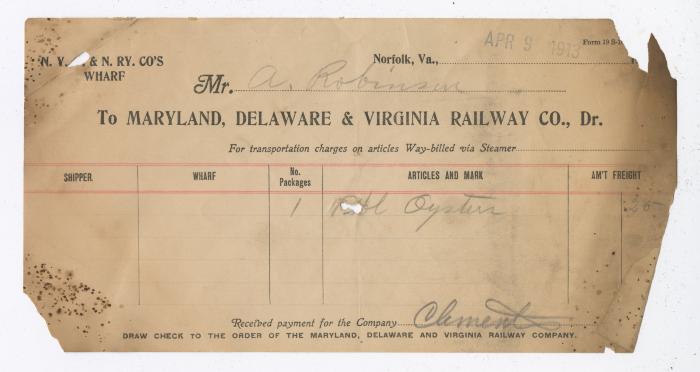 Abraham Robinson shipping bill, 1913 April 9