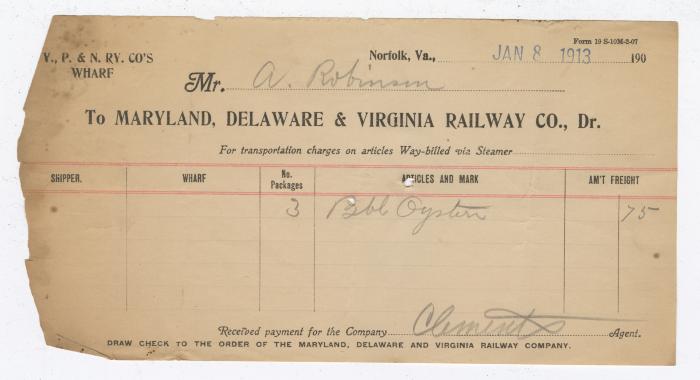 Abraham Robinson shipping bill, 1913 January 8