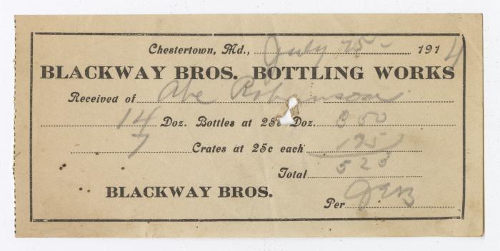 Blackway Brothers Bottling receipt, 1914 July 25