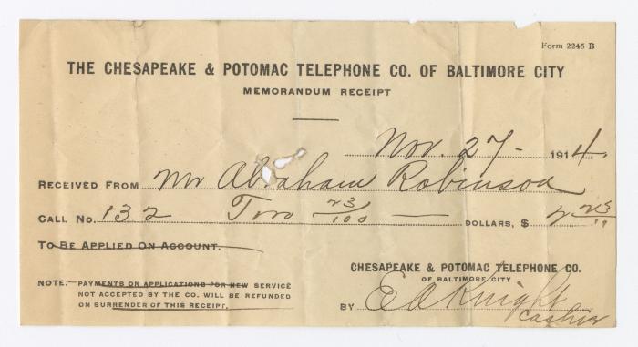 Chesapeake and Potomac Telephone Co. receipt, 1914 November 27