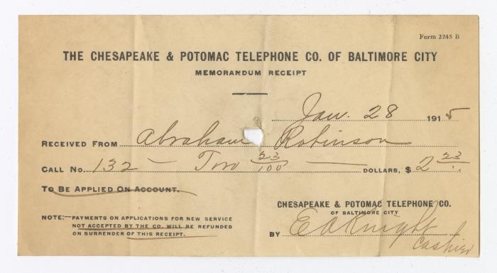 Chesapeake and Potomac Telephone Co. bill, 1915 January 28