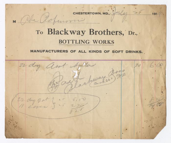 Blackway Brothers Bottling receipt, 1914 July 25