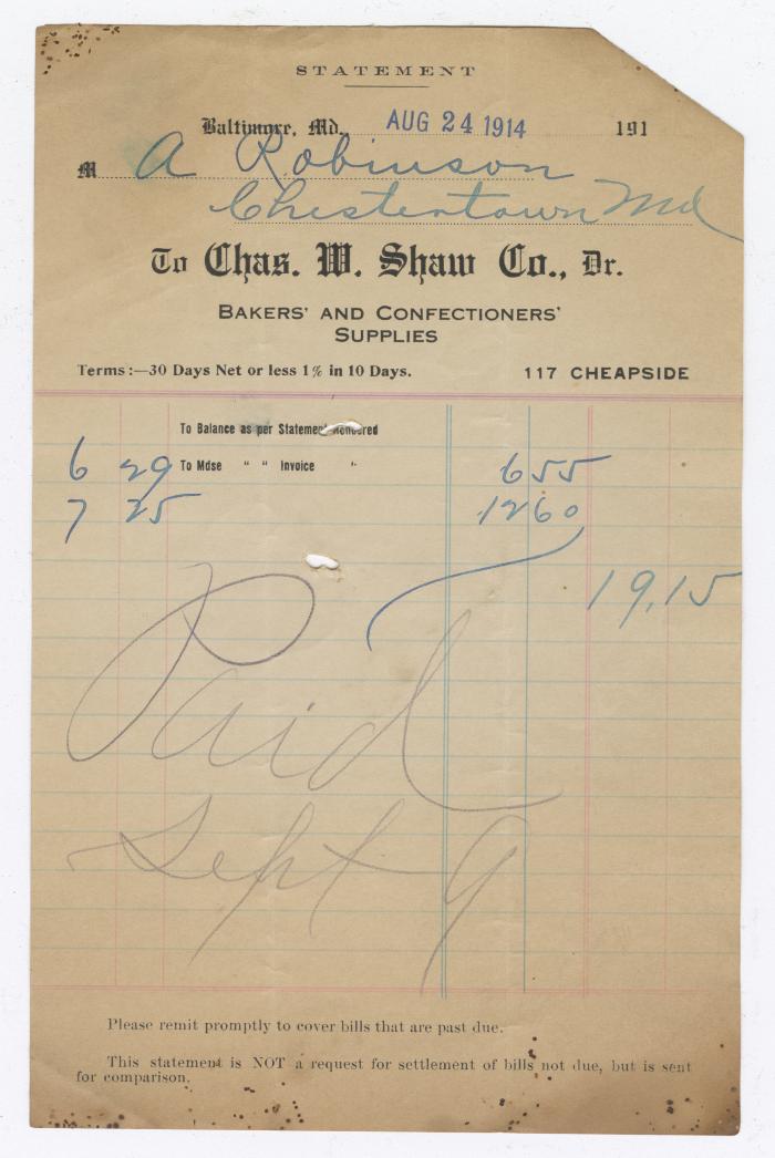 Shaw Co. baking statement, 1914 August 24