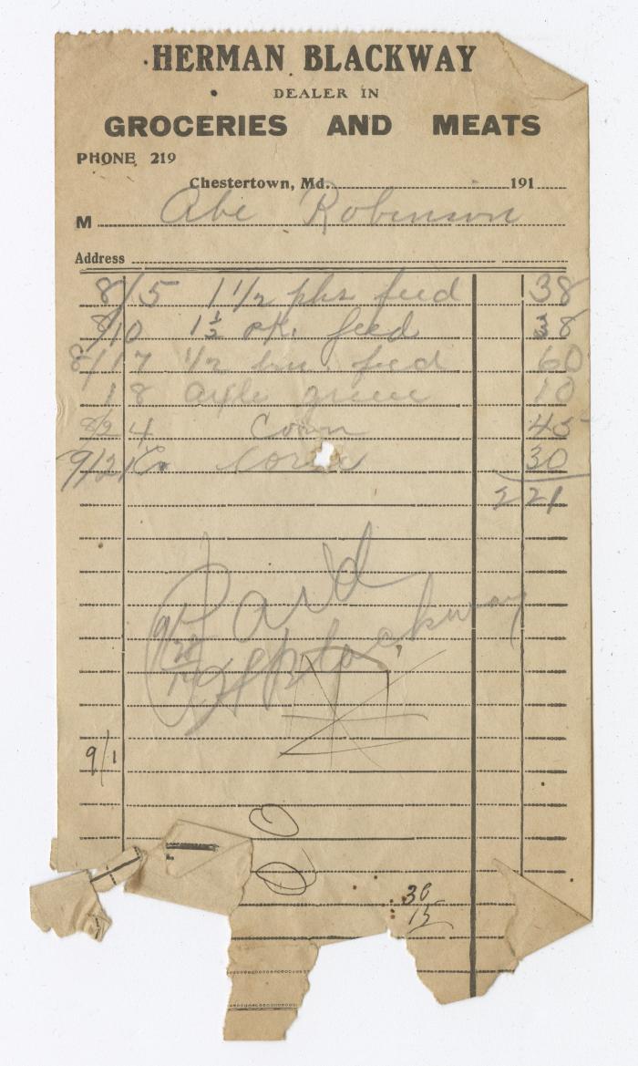 Herman Blackway Grocery bill, circa 1910