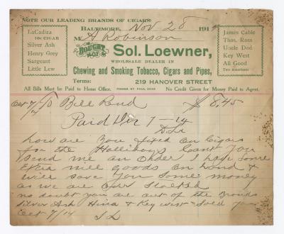 Sol Loewner Tobacco bill, 1914 November 28