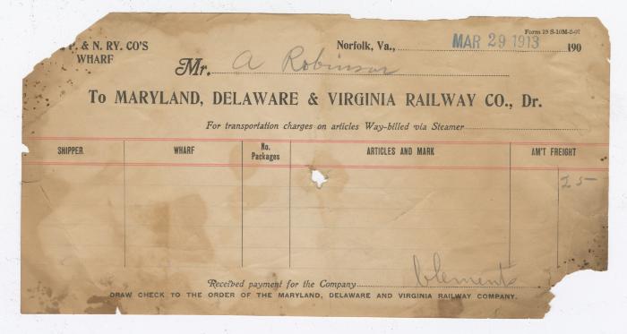 Abraham Robinson shipping bill, 1913 March 29