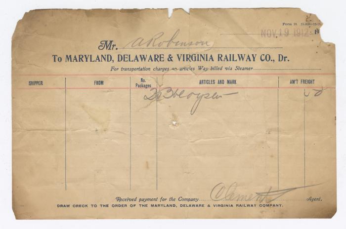 Abraham Robinson shipping bill, 1912 November 19