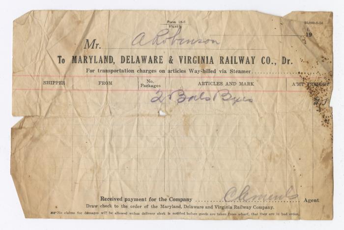 Abraham Robinson shipping bill, circa 1910