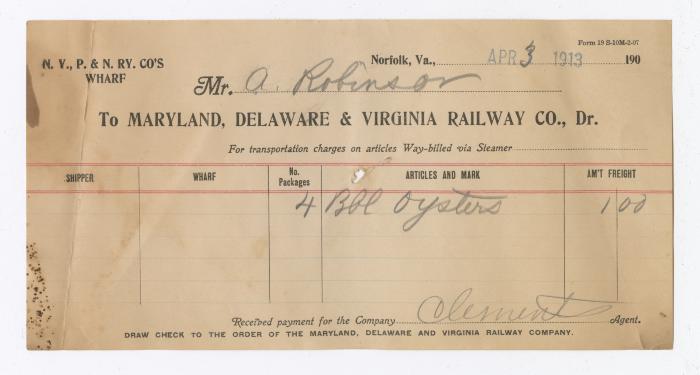 Abraham Robinson shipping bill, 1913 April 3