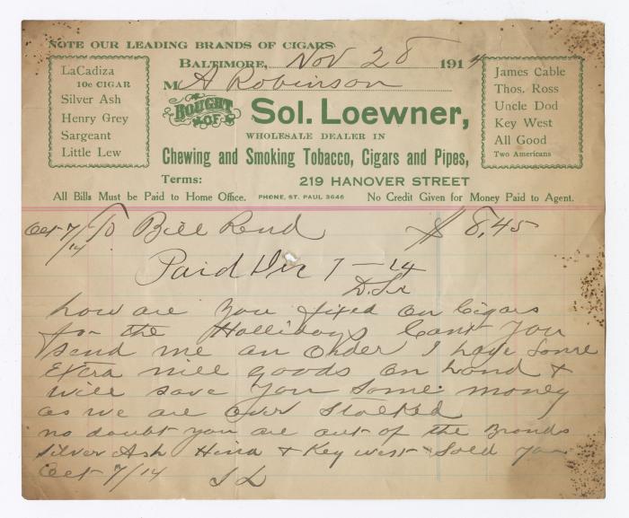 Sol Loewner Tobacco bill, 1914 November 28