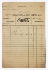 Coca Cola Bottling receipt, circa 1910 November 27