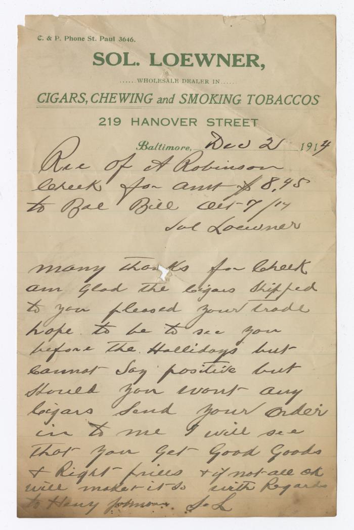 Sol Loewner letter, 1914 December 21