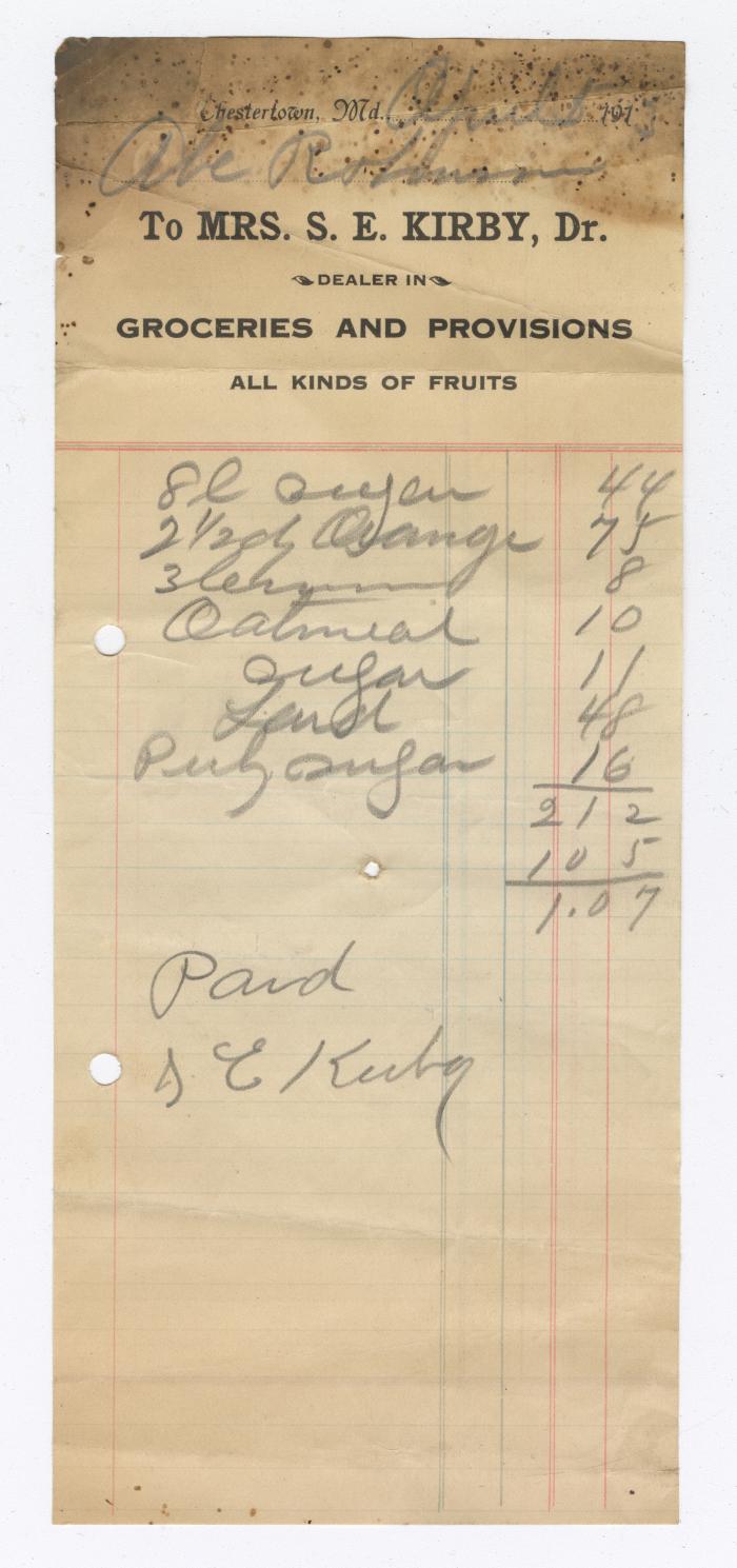 S. E. Kirby Grocer bill, 1913 April 5