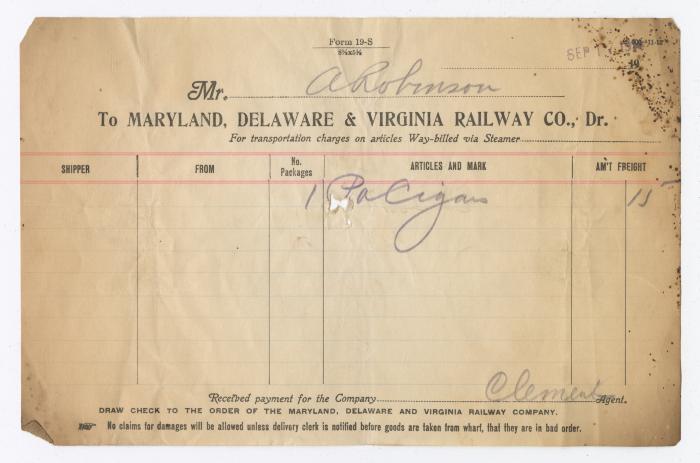 Abraham Robinson shipping bill, 1914 September 17