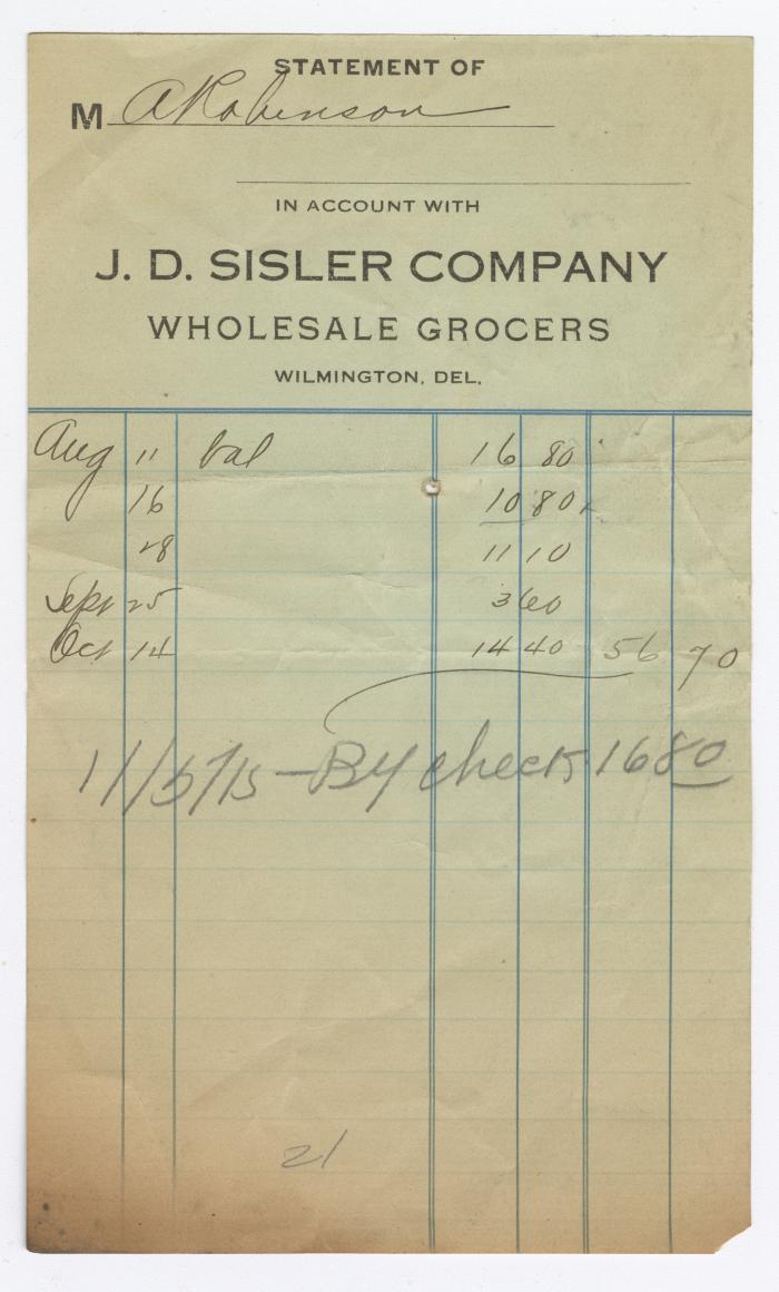 J. D. Sisler grocer receipt, 1915 November 5
