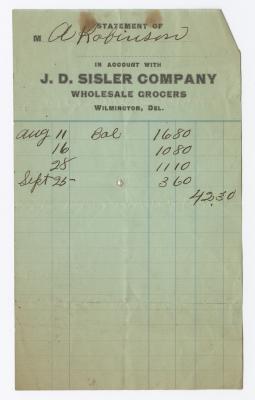 J. D. Sisler grocer receipt, circa 1910