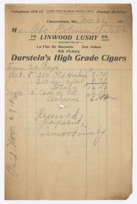 Durstein Cigar receipt, 1913 November 26
