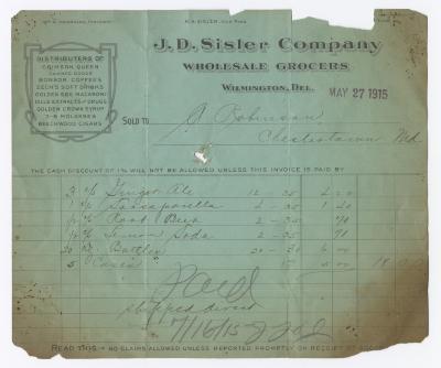 J. D. Sisler grocer receipt, 1915 May 27