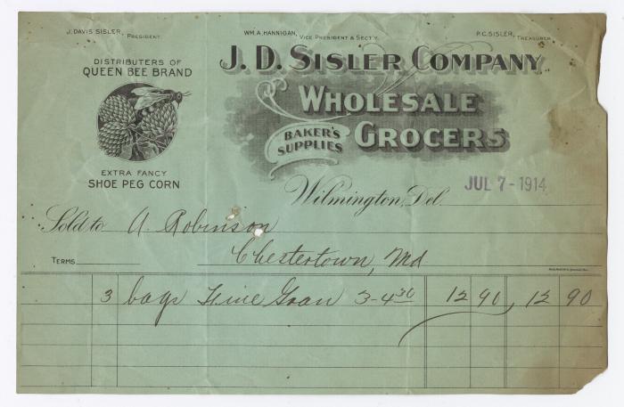 J. D. Sisler grocer receipt, 1914 July 7